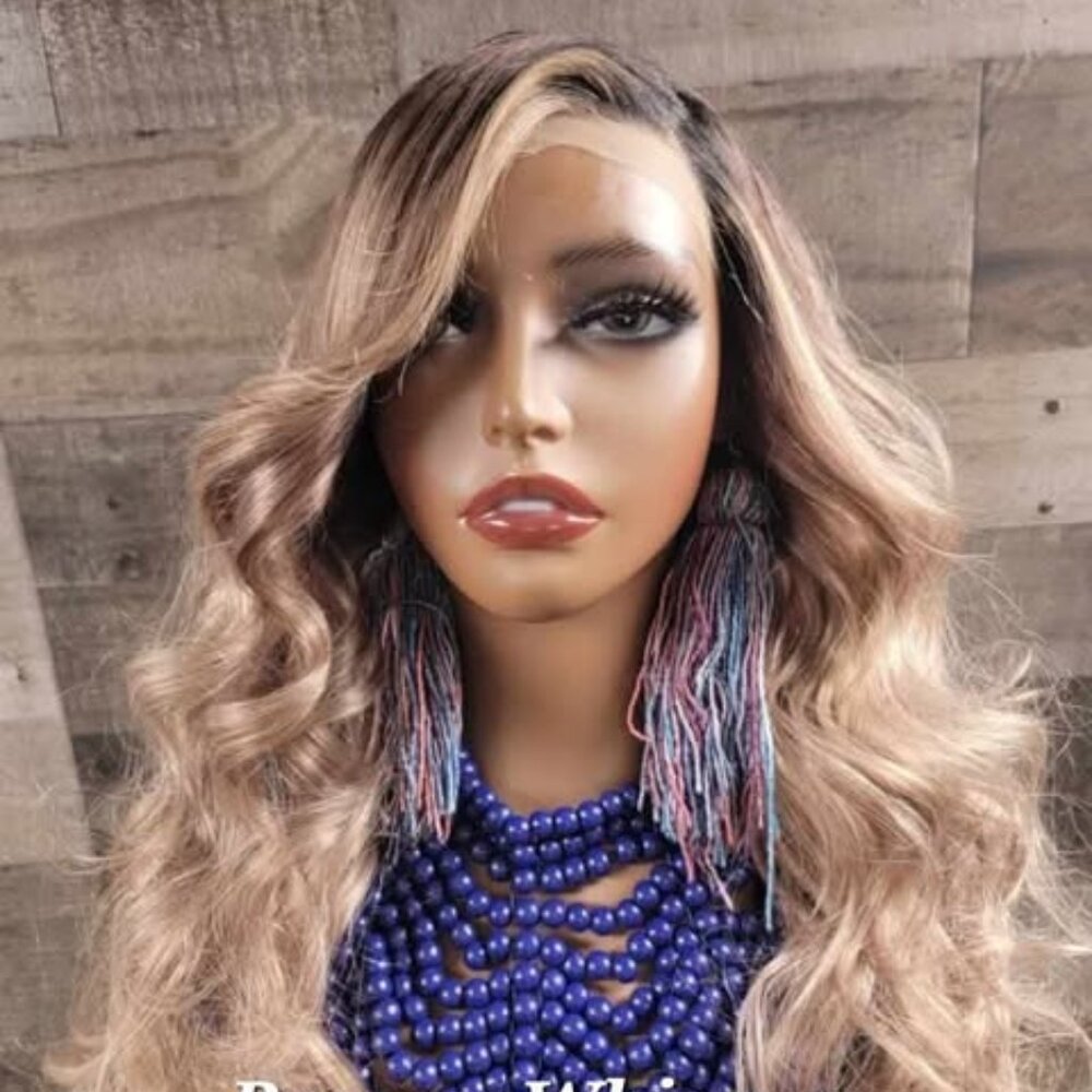 24 inch dark brown roots and ashy ashy blonde wig